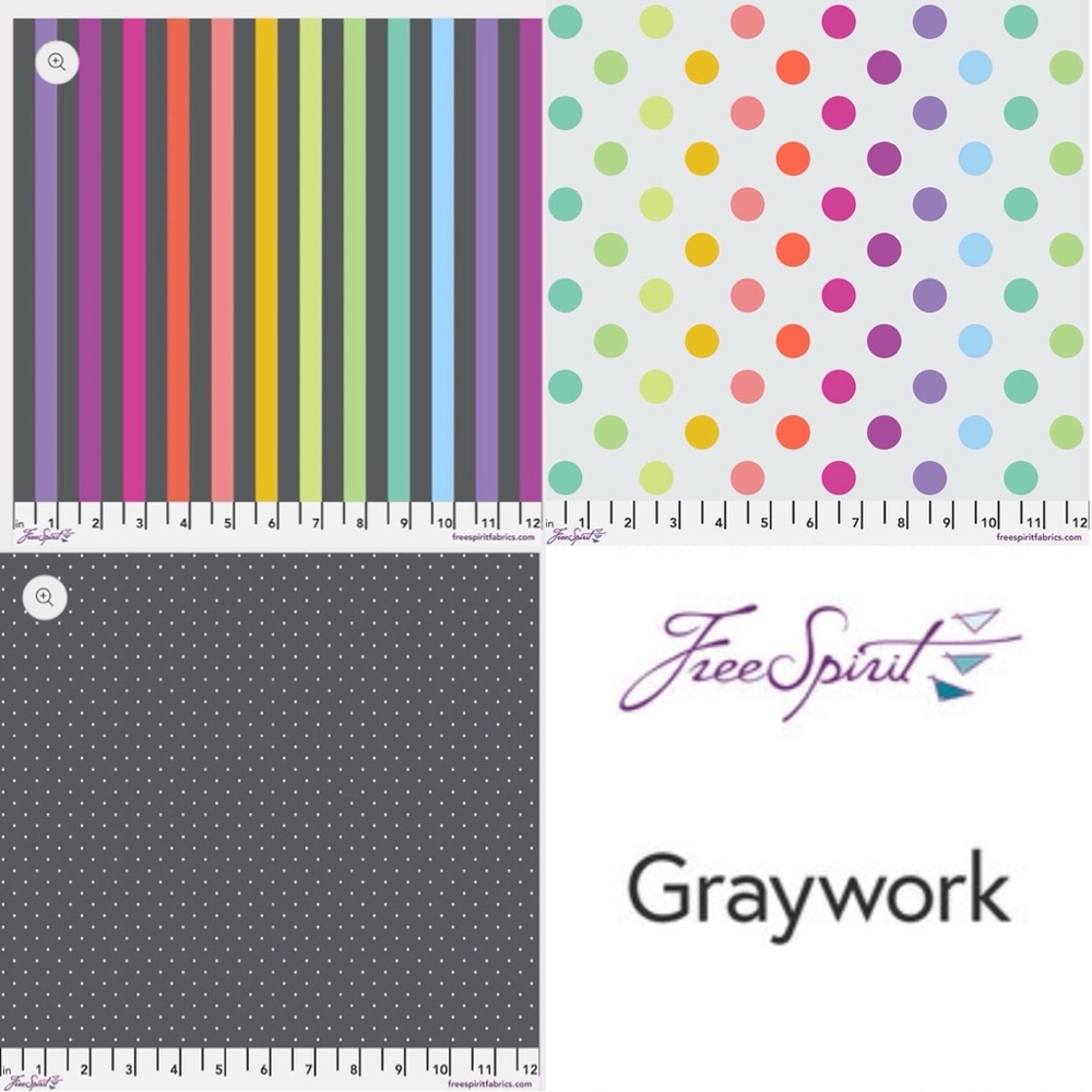 Free Spirit Tula Pink Graywork True Colors Fabric, Three Coordinating 5/8’ cuts.